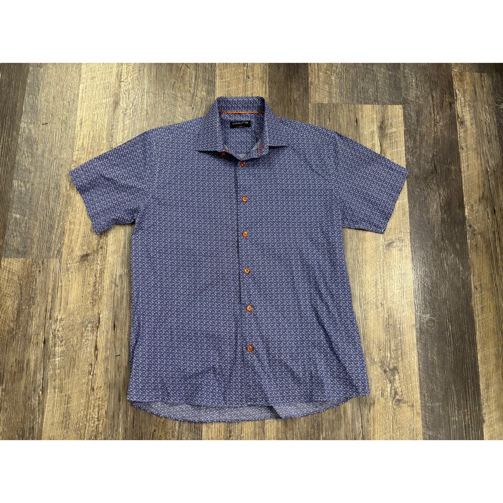 Masutto Mens Blue Geometric Micro Print Short Sleeve Button‎ Down Shirt Size L